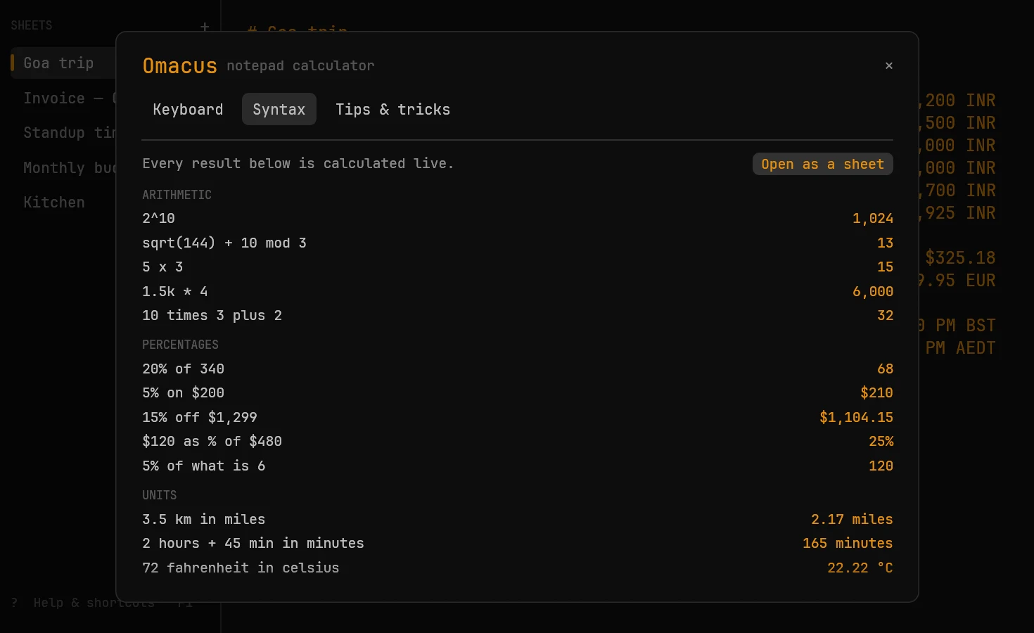 The built-in help, showing syntax examples with live results